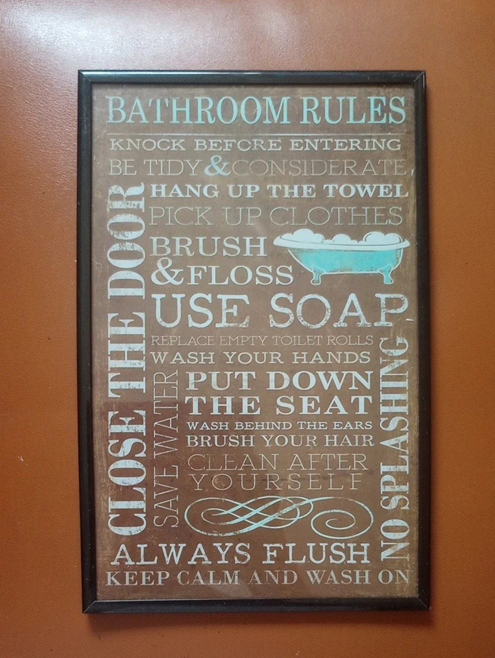 Bathroom Rules Brown, Blue & Aqua Wall Art Decor in Black Frame w/ Glass